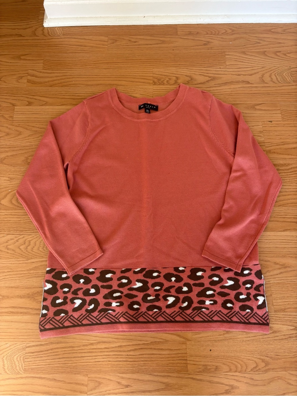 Coral Knit Sweater Top with Leopard Hem
